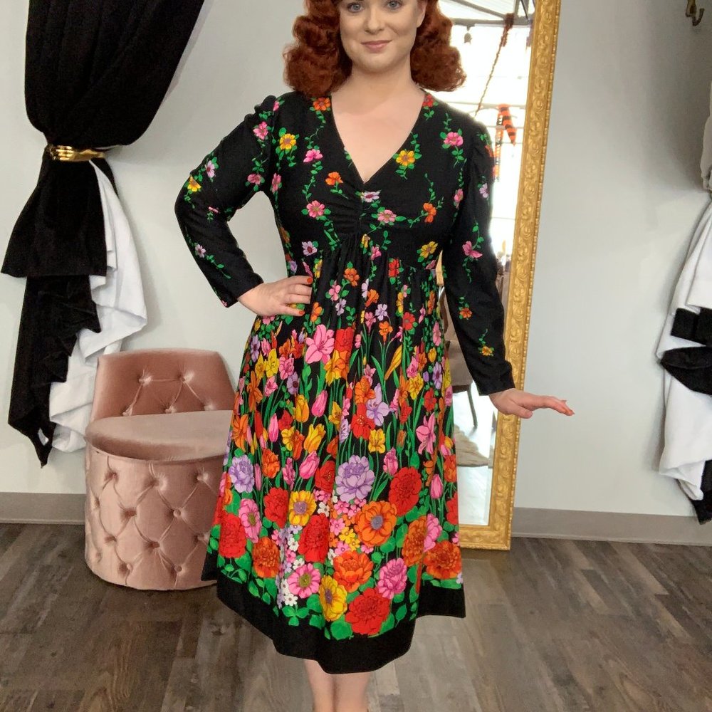 1970s Vintage Black Floral Poly Dress